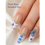 Blue Plaid 3D Butterfly Press‑On Nails, Fresh Medium‑Long Almond False Nails With French Floral Pattern